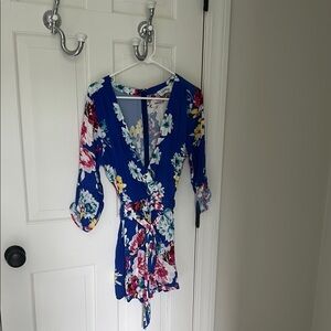 Yumi Kim Floral Wrap romper in Blue and magenta